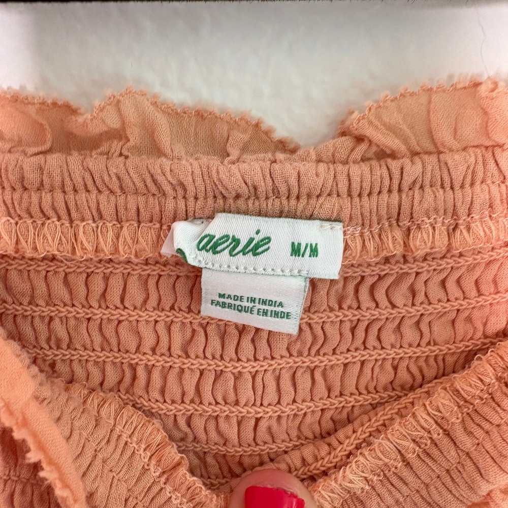 Aerie Smocked Mini Dress Peach Apricot Tie Shoulder Ruffle Hem Womens Medium - Picture 6 of 9